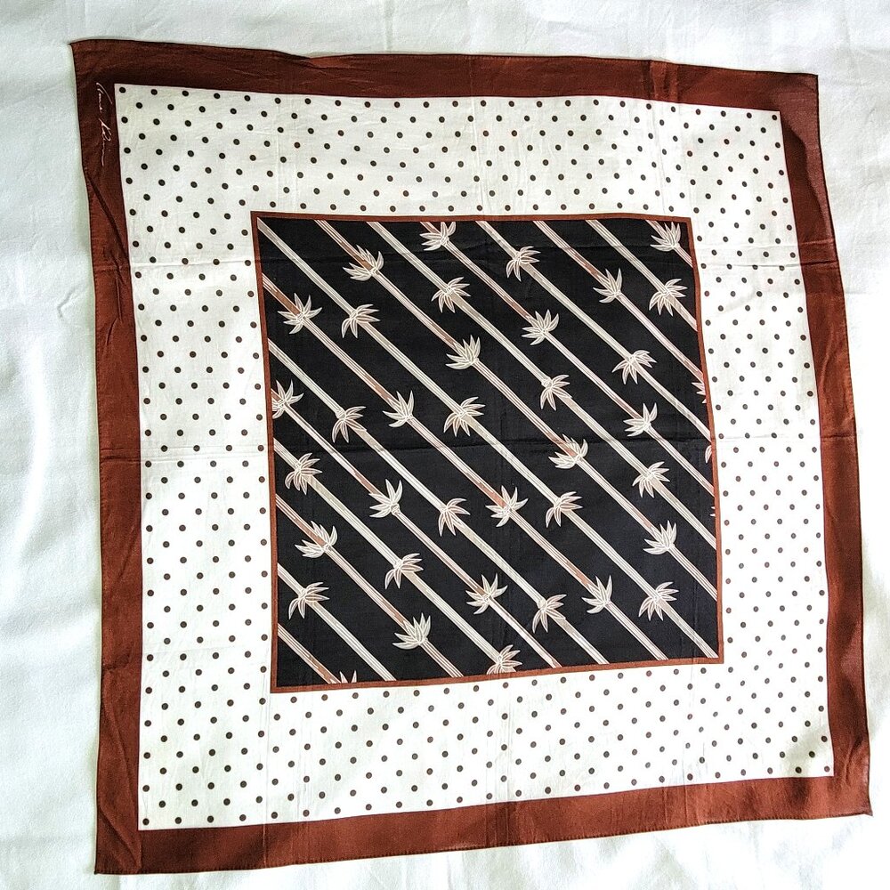 Vintage Anne Klein Large Square Scarf - Brown & Black Bamboo Polka Dot